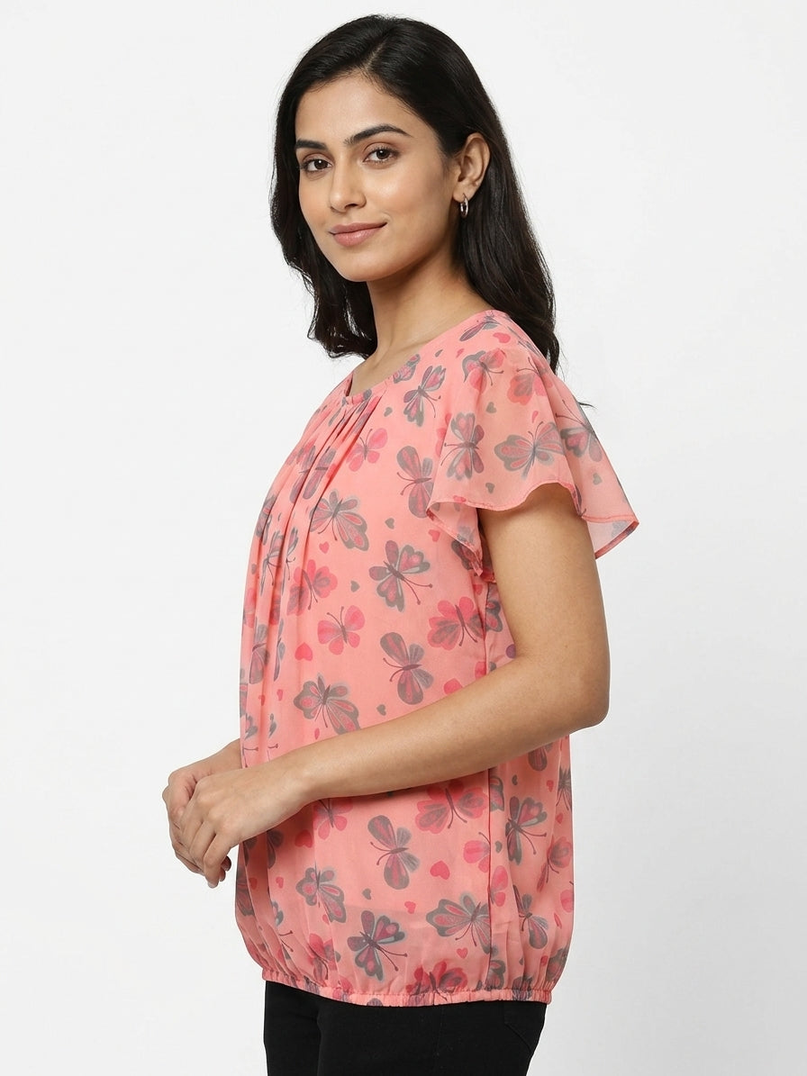 Women's Peach Printed Butterfly Relaxed Fit Top