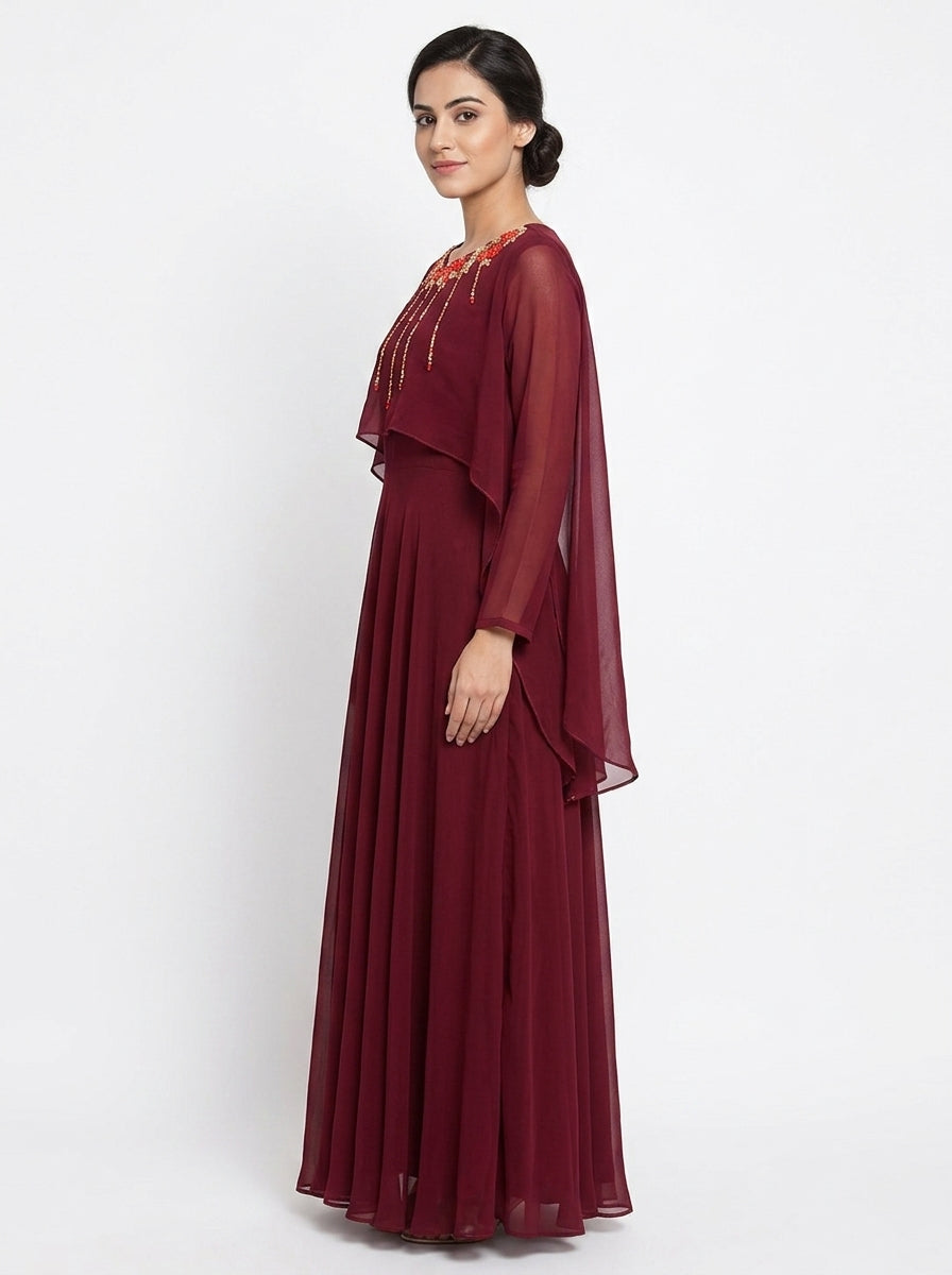 Women's Wine Embellished Maxi Dress