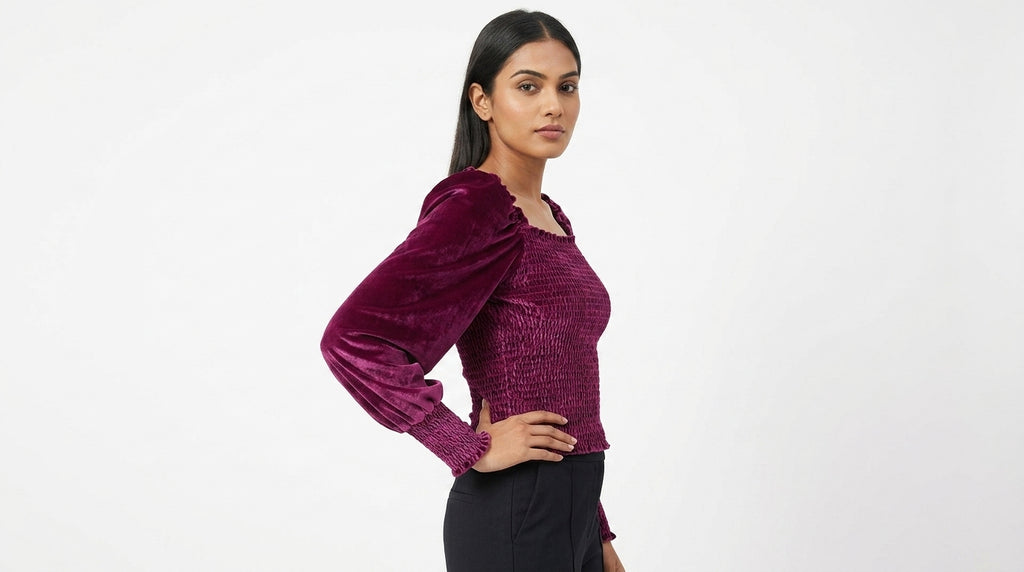 Women's Wine Velvet Smocked Square Neck Top