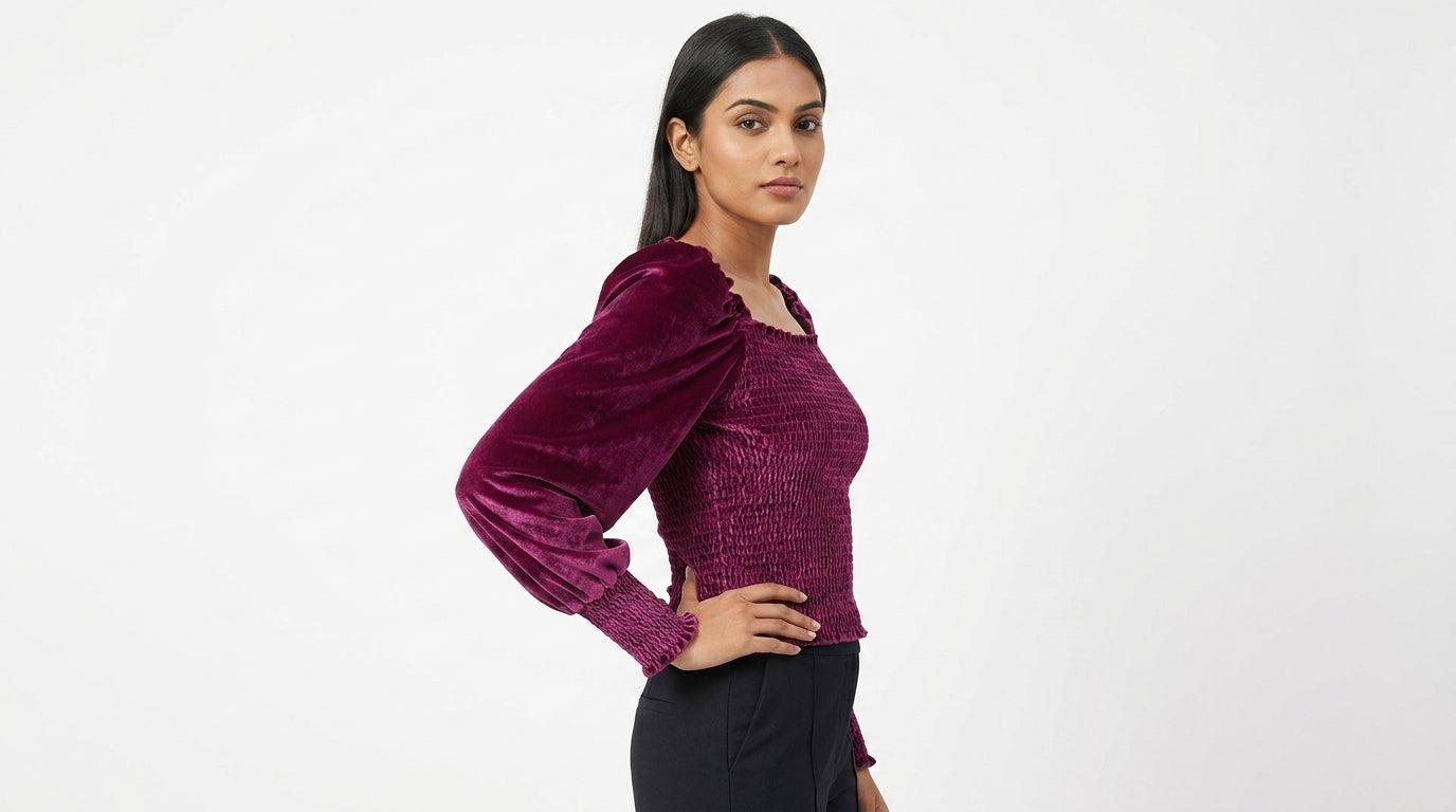 Women's Wine Velvet Smocked Square Neck Top