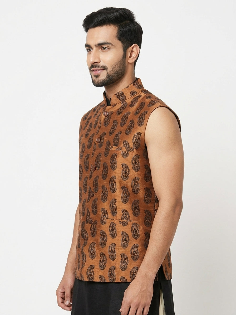 Men's Camel Paisley Printed Nehru Jacket