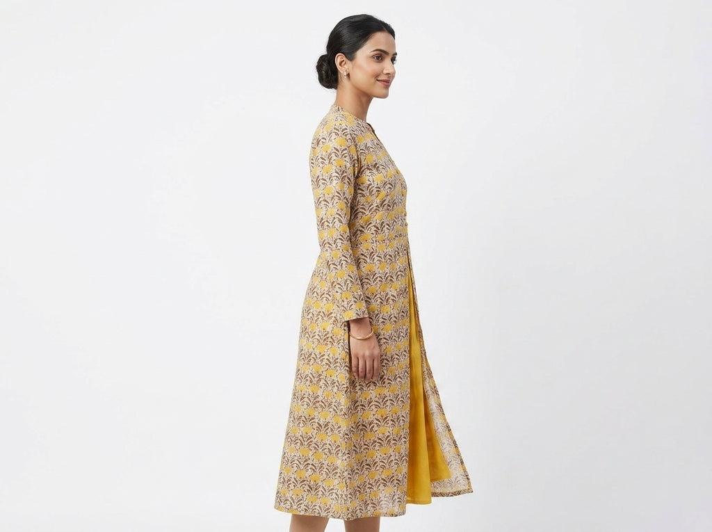 Women's Yellow Floral Printed Cotton Kurti