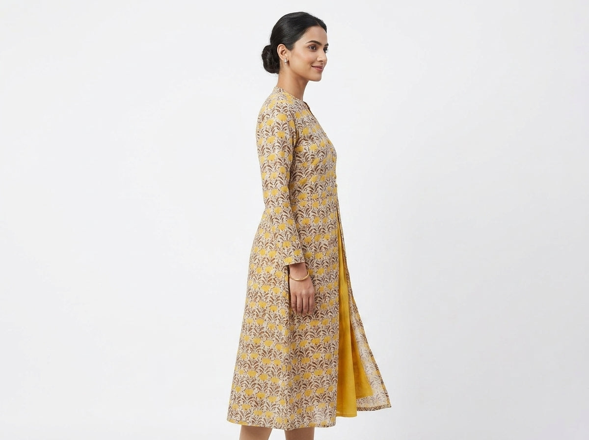 Women's Yellow Floral Printed Cotton Kurti