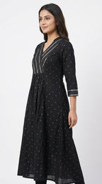 Women's Black Viscose Ethnic Printed Flared Kurti