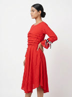 Red Flared Dress with Embellished Sleeves