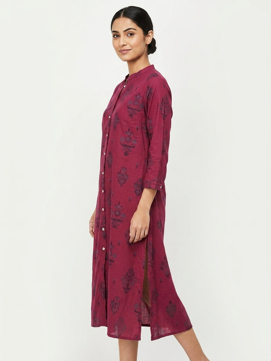 Women's Wine Ethnic Printed Long Kurti