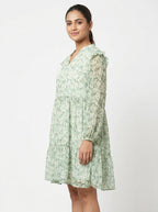 Light Green Floral Printed Relaxed Fit Tiered Dress