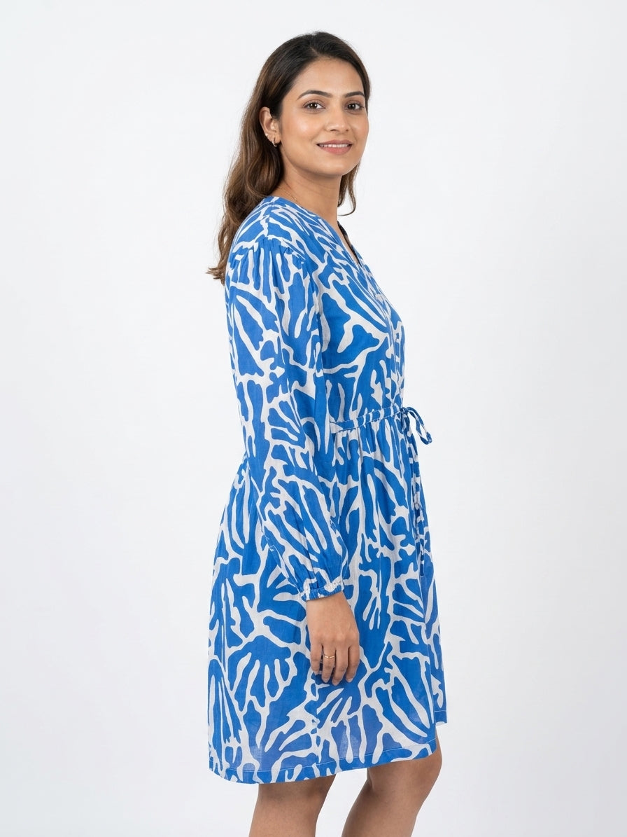 Blue Abstract Print V-Neck Relaxed Fit Dress