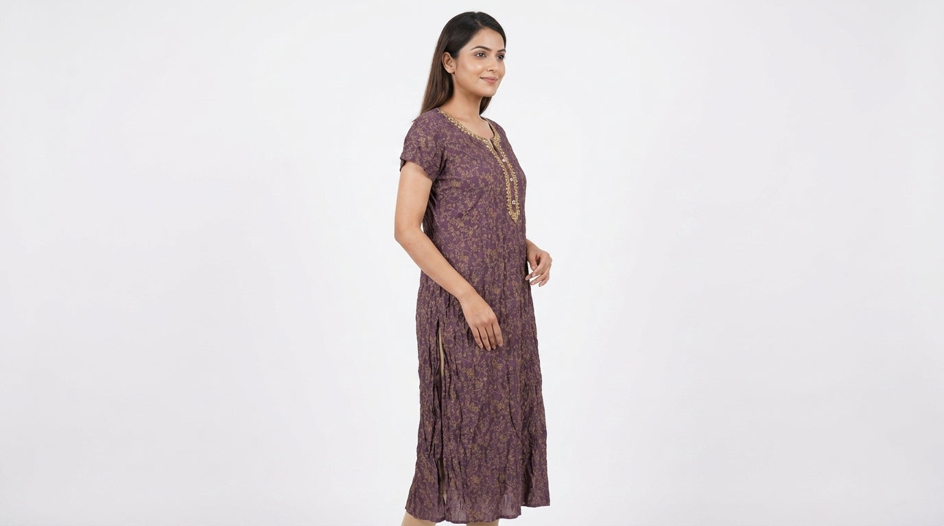 Plum Floral Embellished Kurti
