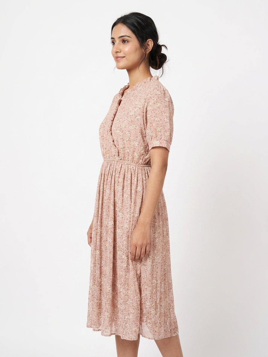 Women's Pink Floral Print Midi Dress