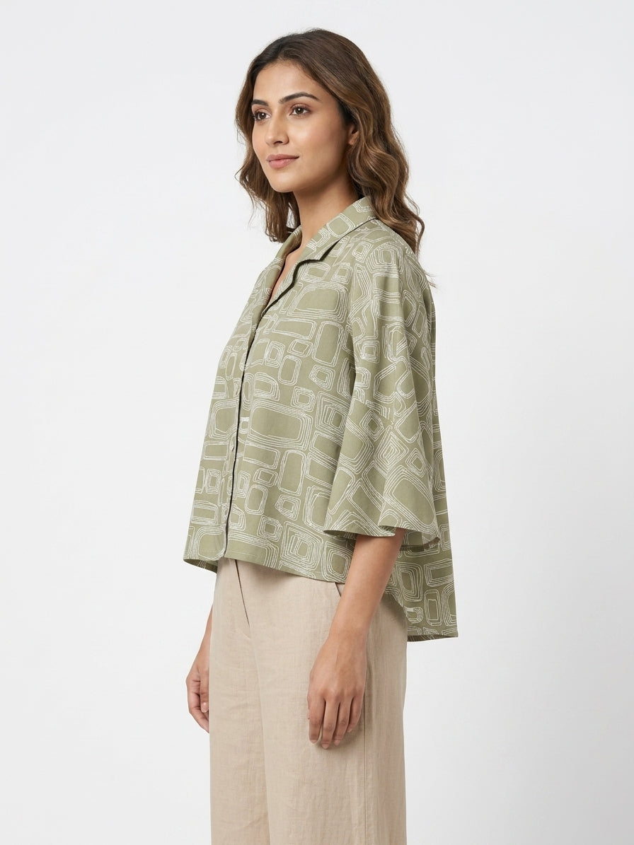 Olive Green Abstract Print Relaxed Fit Top