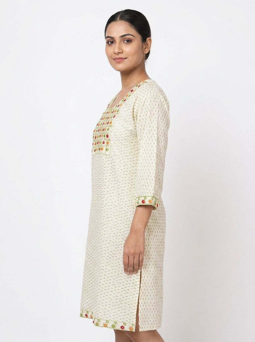 Off White Embroidered Self Design Cotton Kurti
