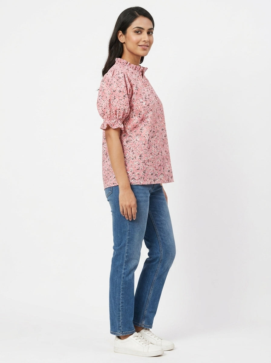 Pink Floral Printed Ruffled Neck Relaxed Fit Top