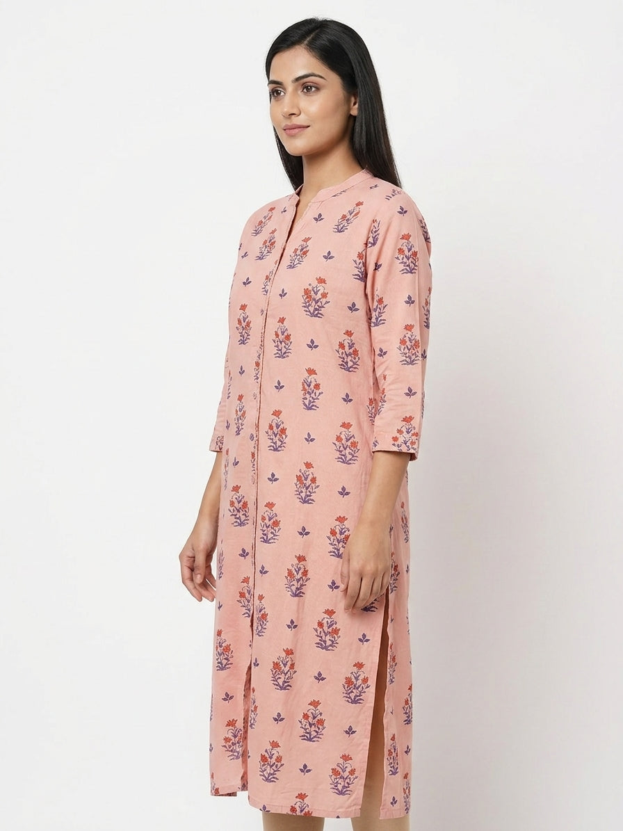 Peach Floral Printed Relaxed Fit Kurti