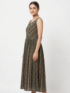 Dark Green Ethnic Print Flared Maxi Dress