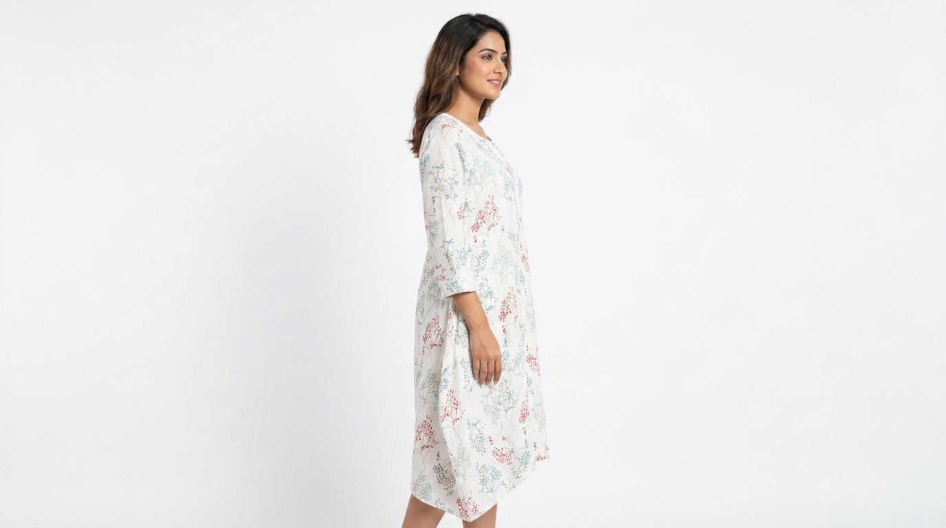 White Botanical Print Relaxed Fit Kurti