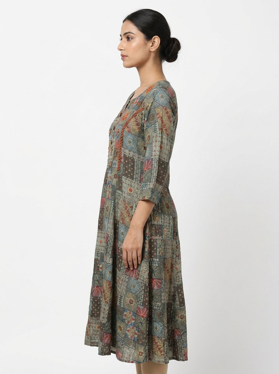 Multi-colored Embellished Ethnic Print Flared Kurti