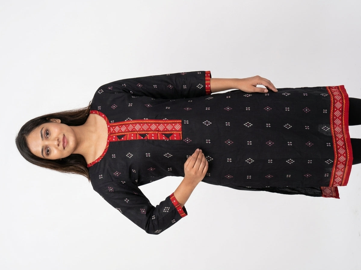 Women's Black Ethnic Print Viscose Kurta