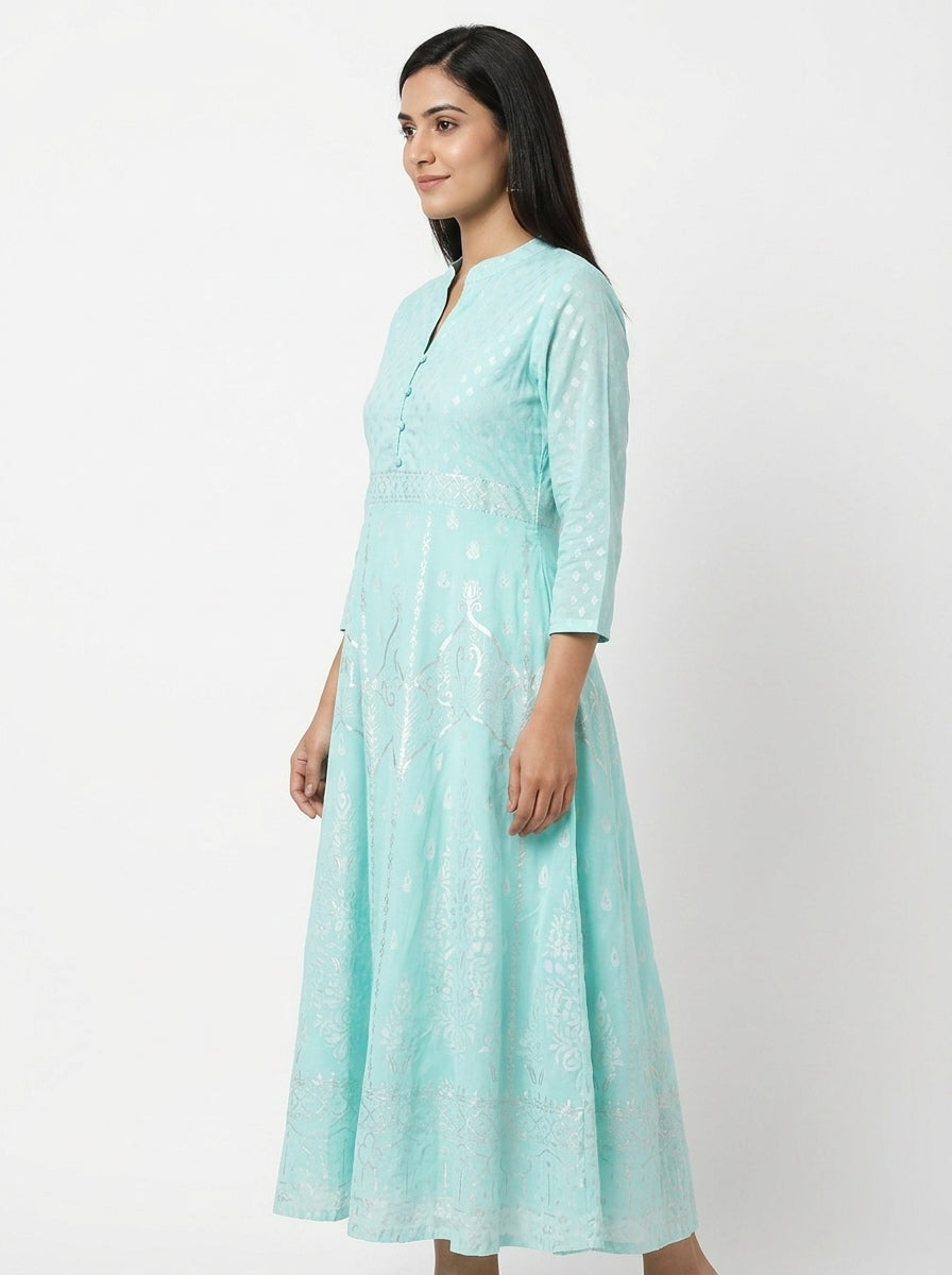 Sea Green Self Design Flared Kurti