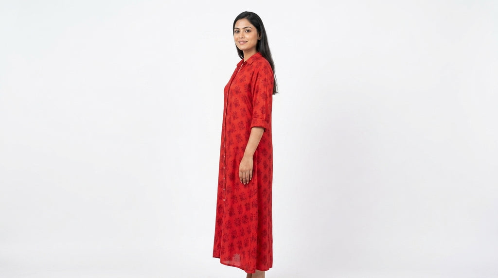 Red Printed Button-Down Maxi Dress