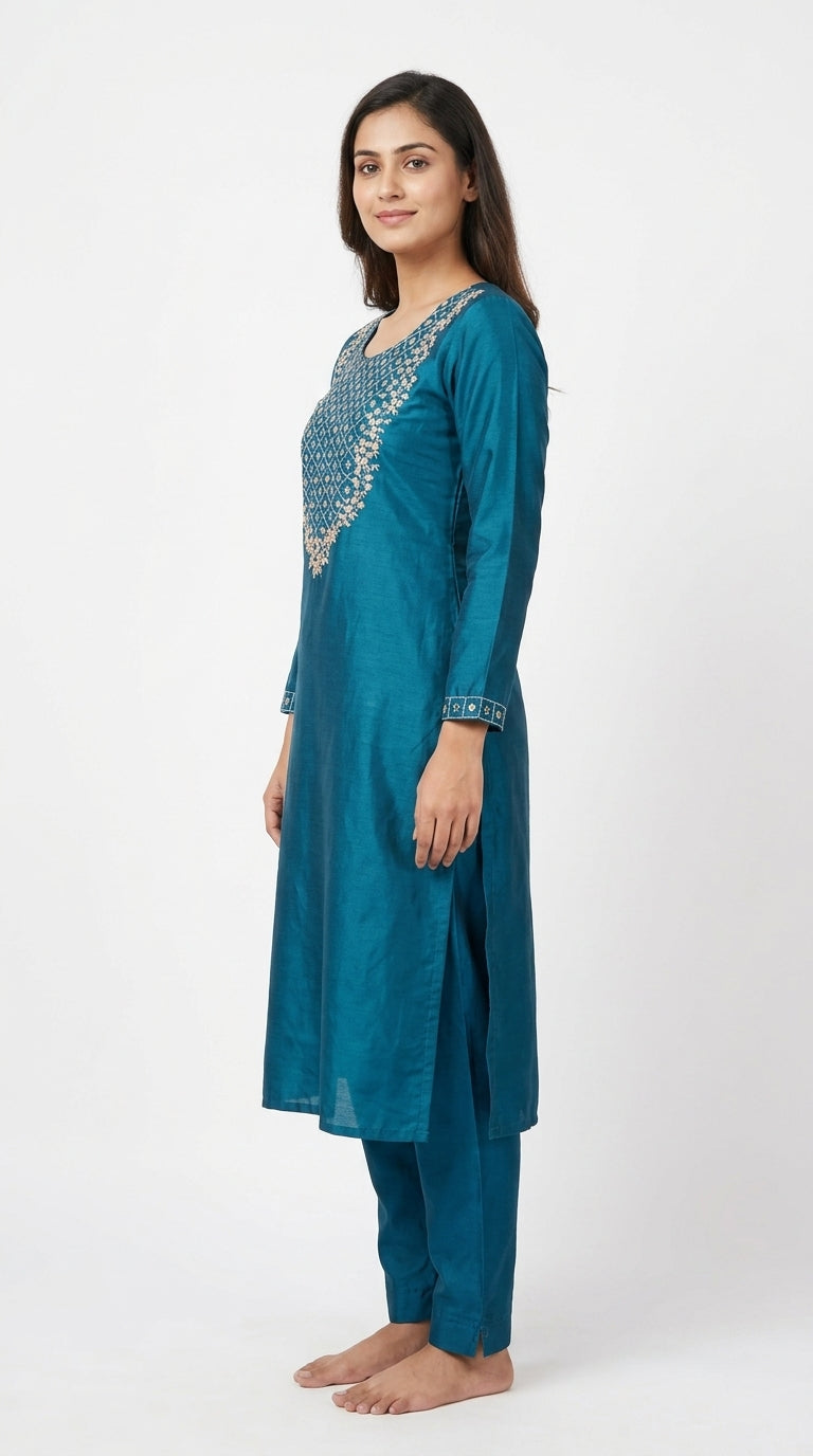 Teal Embroidered Kurta with Salwar Set
