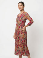 Women's Multi Floral Printed Flared Dress