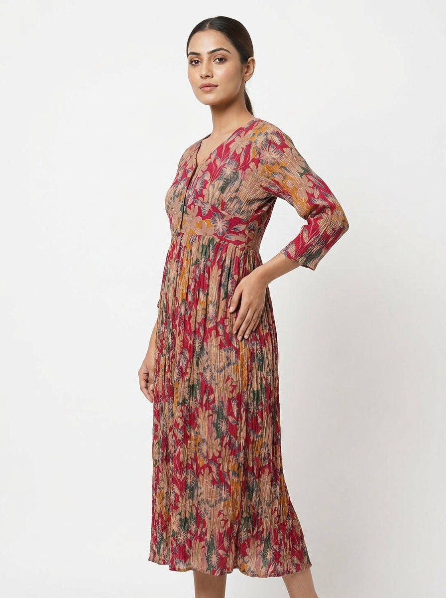 Women's Multi Floral Printed Flared Dress
