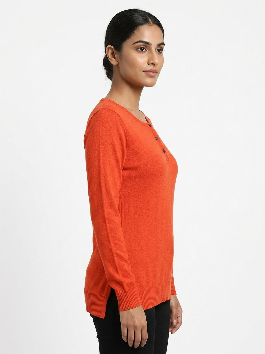 Orange Henley Neck Long Sleeve T-Shirt