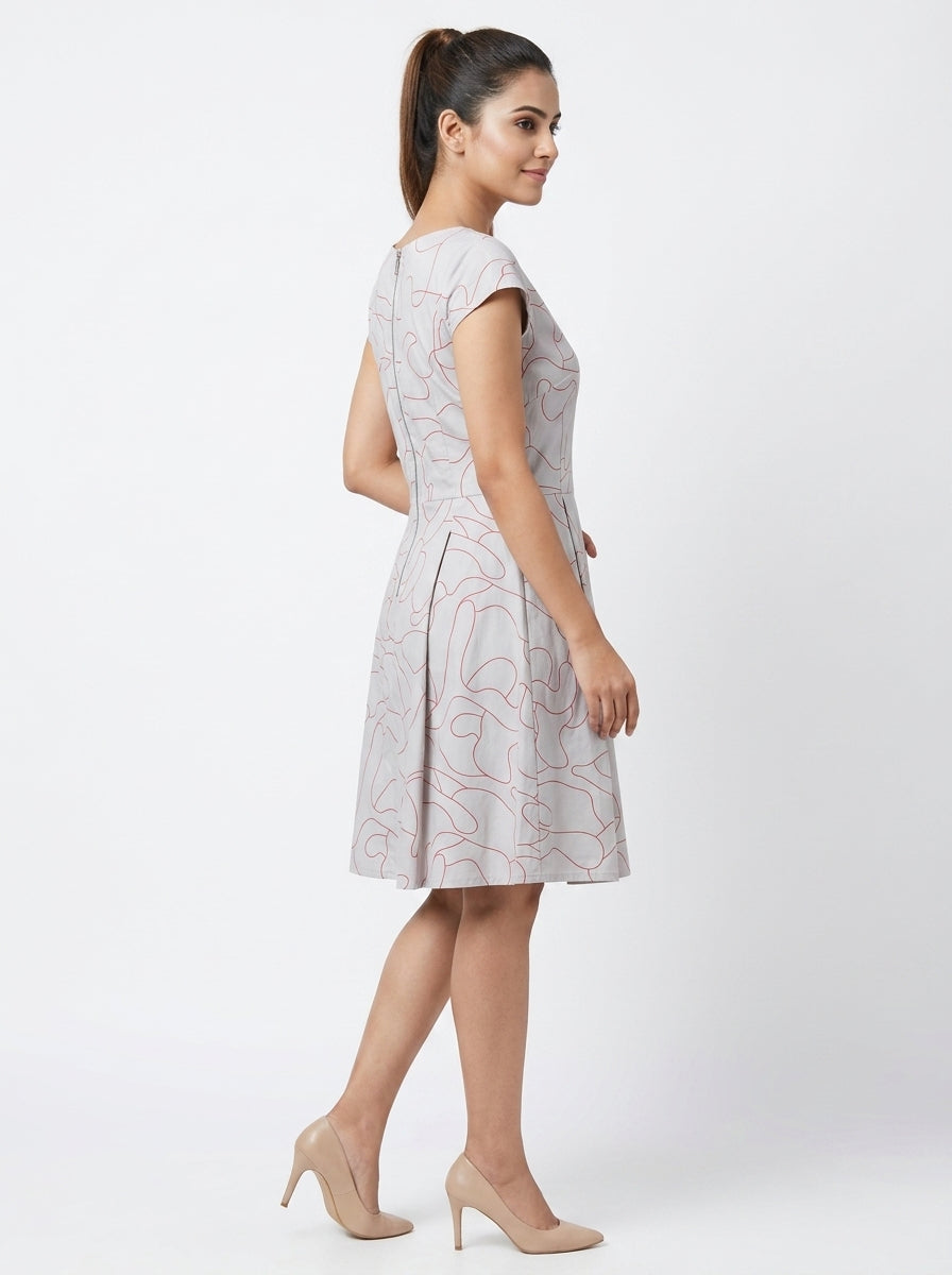 Grey Abstract Print A-line Dress
