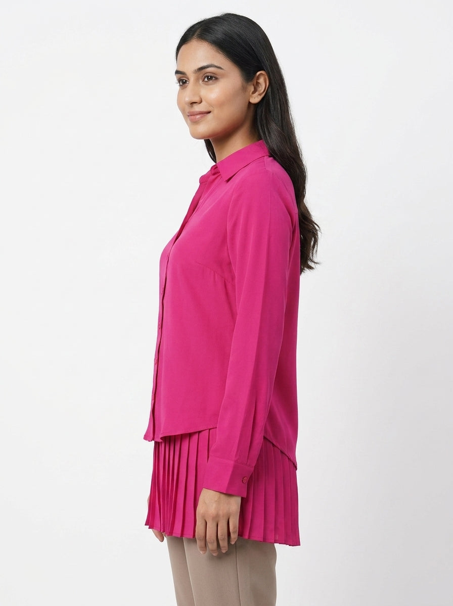 Magenta Solid Regular Fit Pleated Top