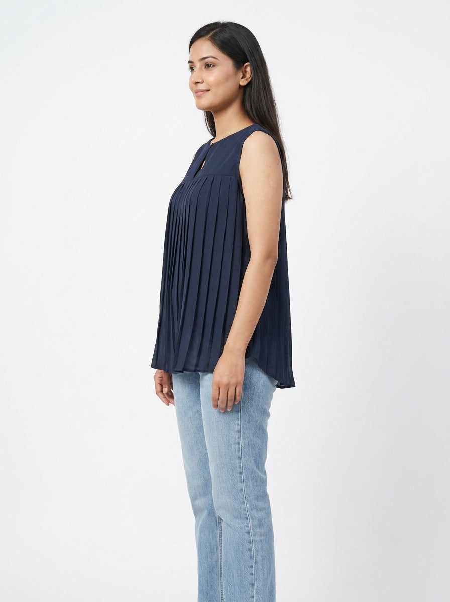 Dark Navy Pleated Sleeveless Top