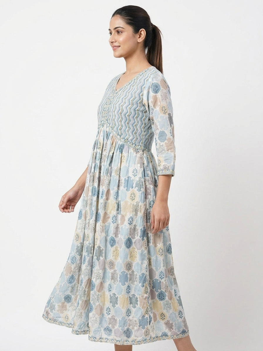 Women's Light Blue Ethnic Print Flared Dress