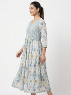 Women's Light Blue Ethnic Print Flared Dress