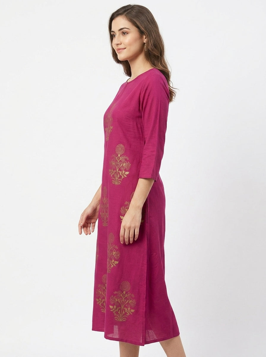 Magenta Ethnic Print Straight Kurti