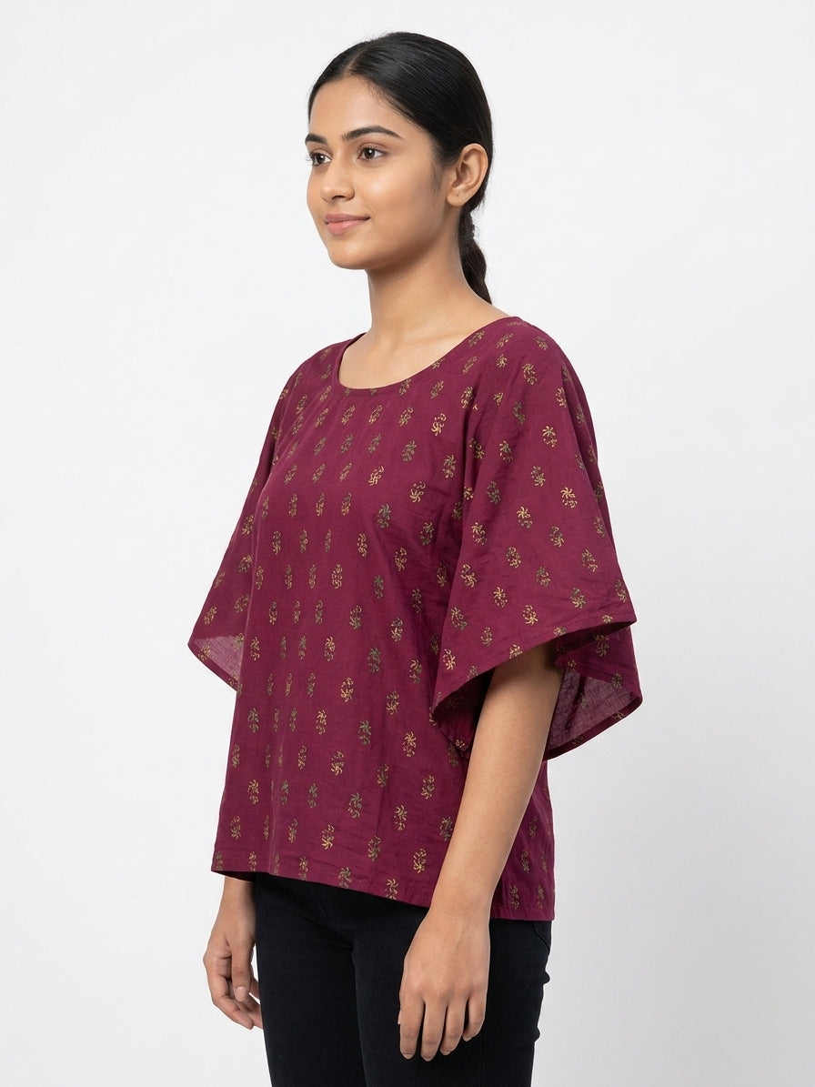Women's Wine Printed Relaxed Fit Top