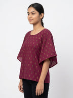 Women's Wine Printed Relaxed Fit Top