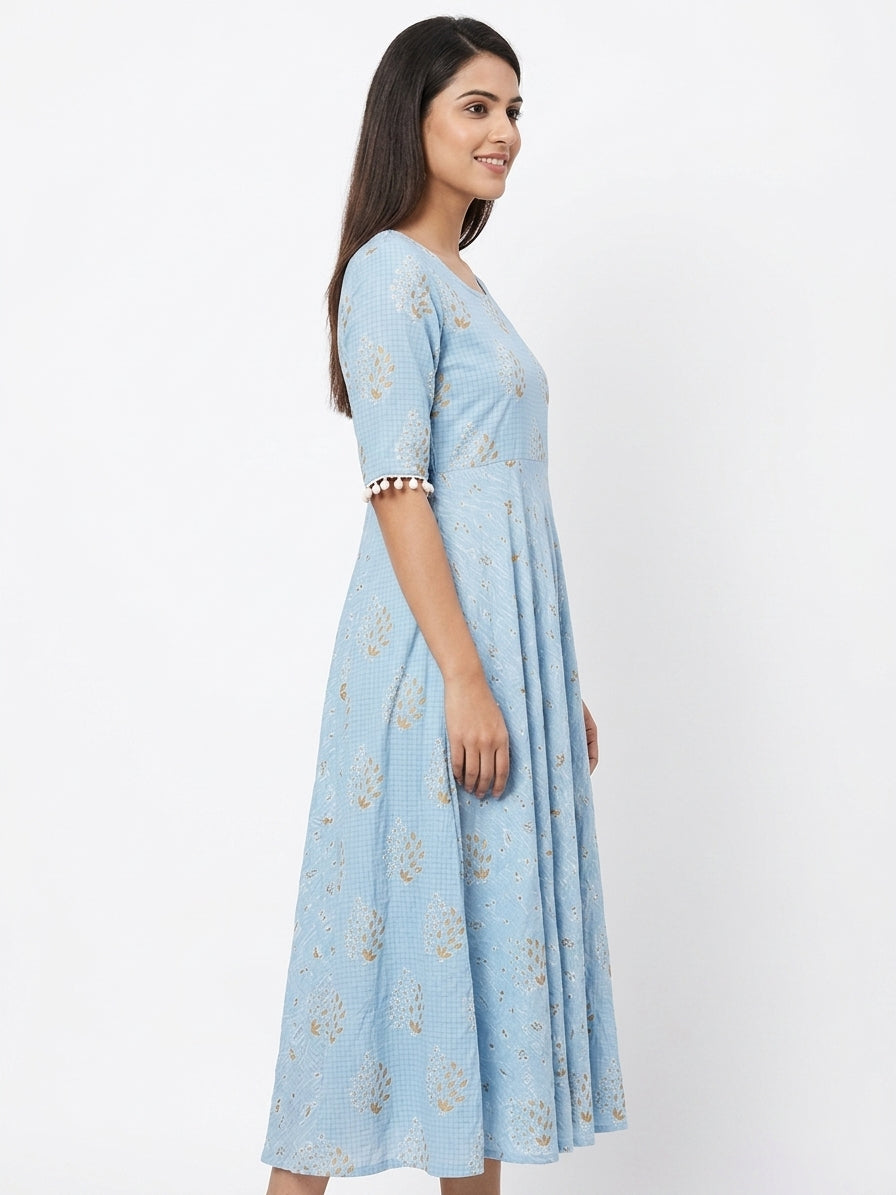 Light Blue Printed A-line Kurti with Pom-Pom Detailing