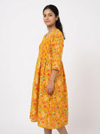 Women's Yellow Floral Print Smocked Flared Dress
