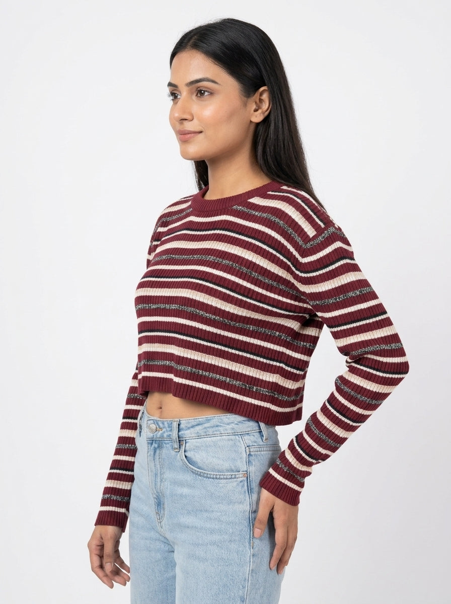Women's Wine Striped Ribbed Knit Crop Sweater