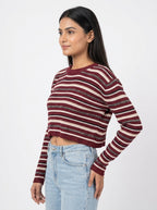 Women's Wine Striped Ribbed Knit Crop Sweater