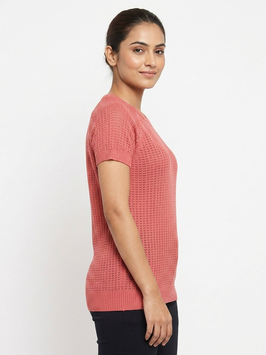 Coral Textured Knit Short Sleeve Top