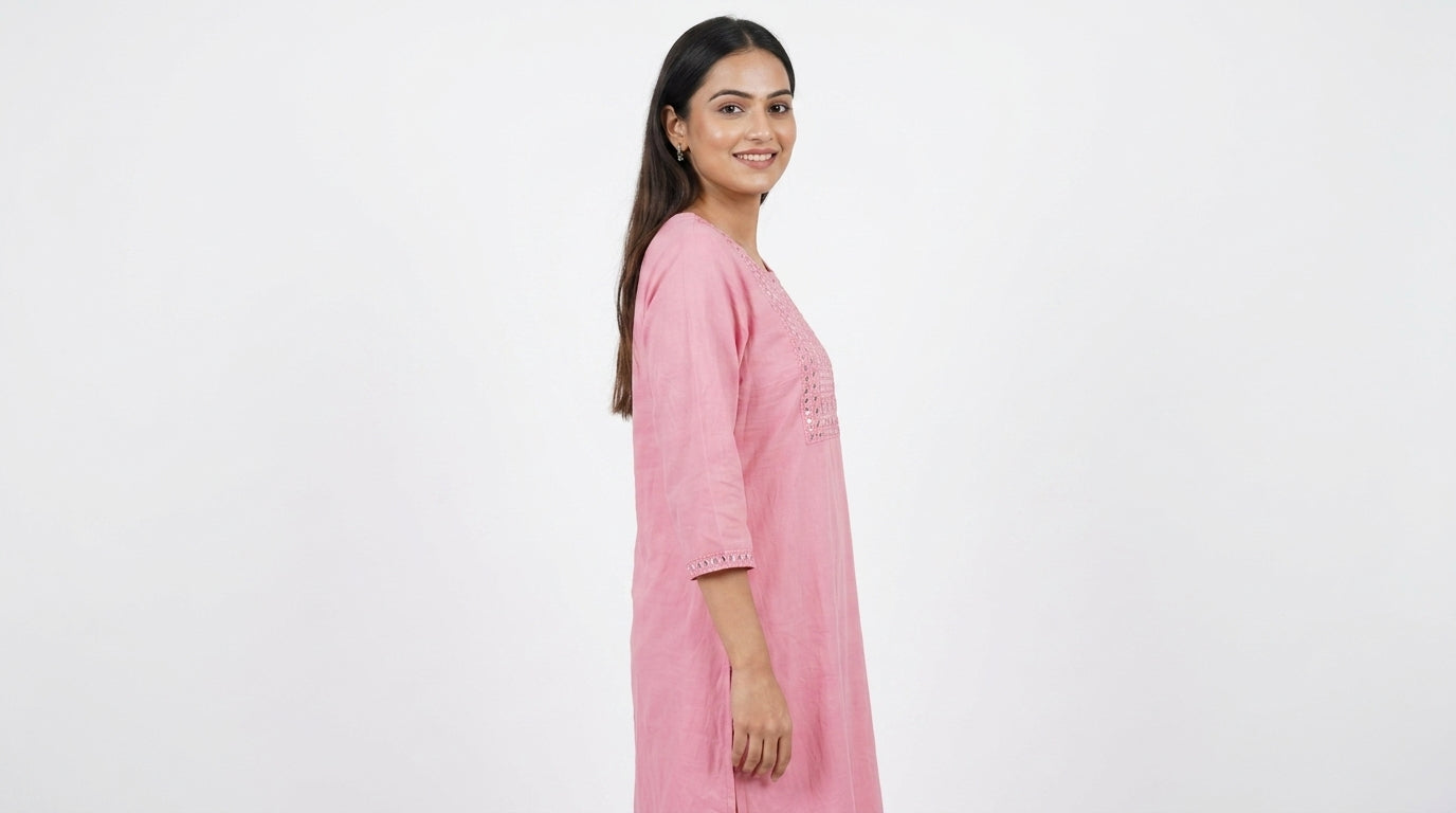 Women Pink Embellished Cotton Kurti