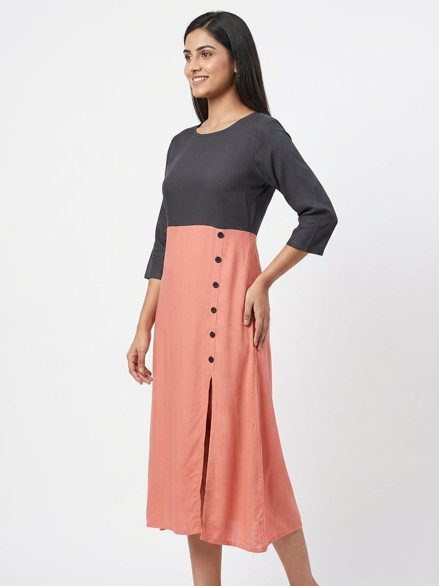 Women's Color Block Viscose Dress with Button Detail