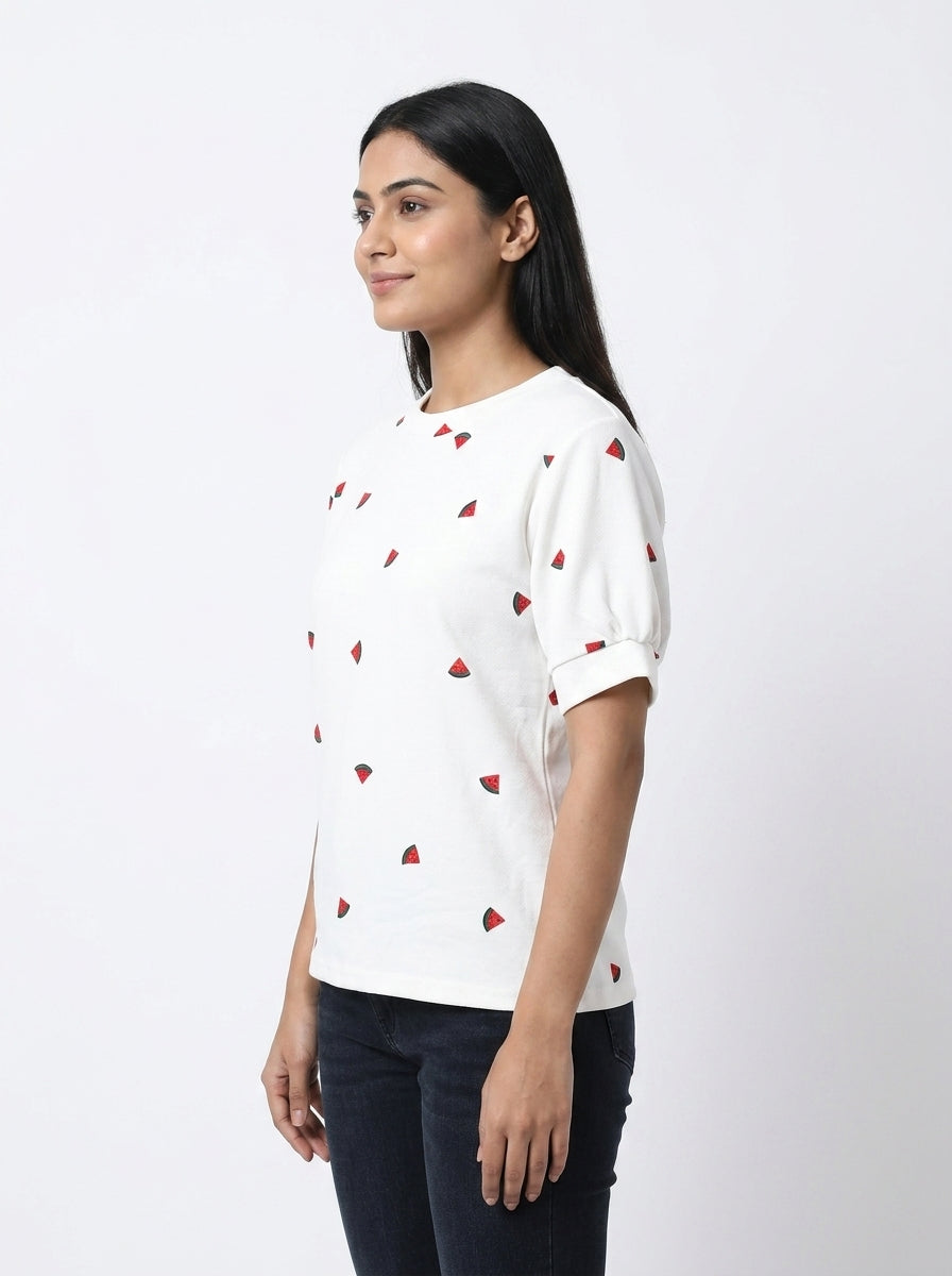 Women's White Watermelon Print Regular Fit T-Shirt