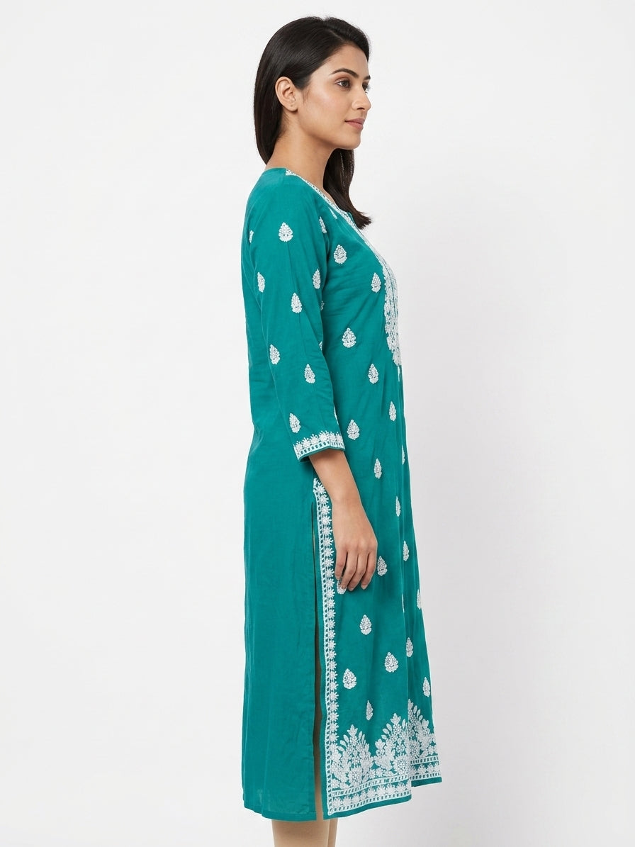 Teal Embellished Cotton Kurti