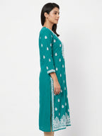 Teal Embellished Cotton Kurti