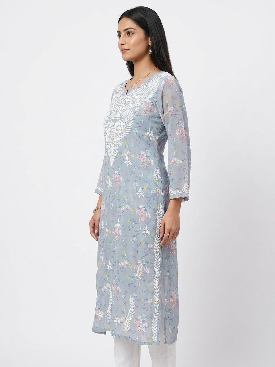 Light Grey Floral Printed & Embroidered Kurti