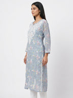 Light Grey Floral Printed & Embroidered Kurti