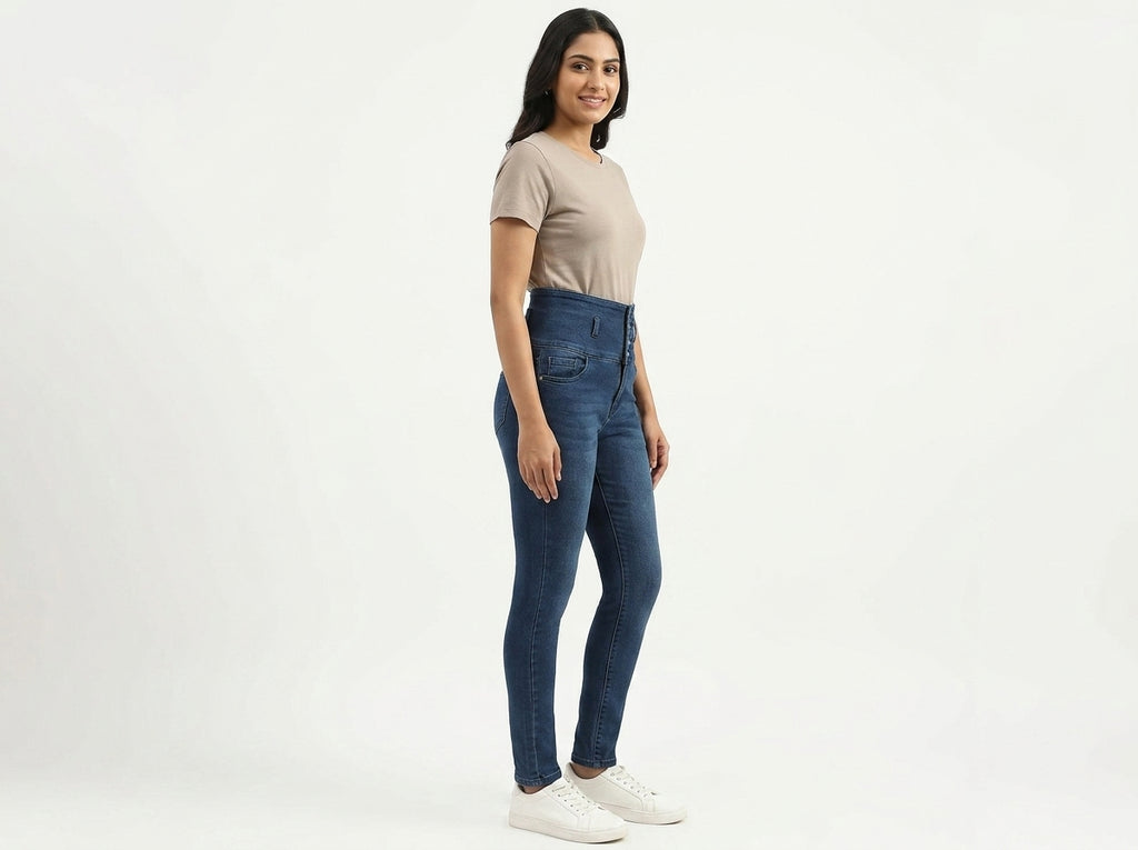 Women's Dark Blue High-Waist Slim Fit Jeans
