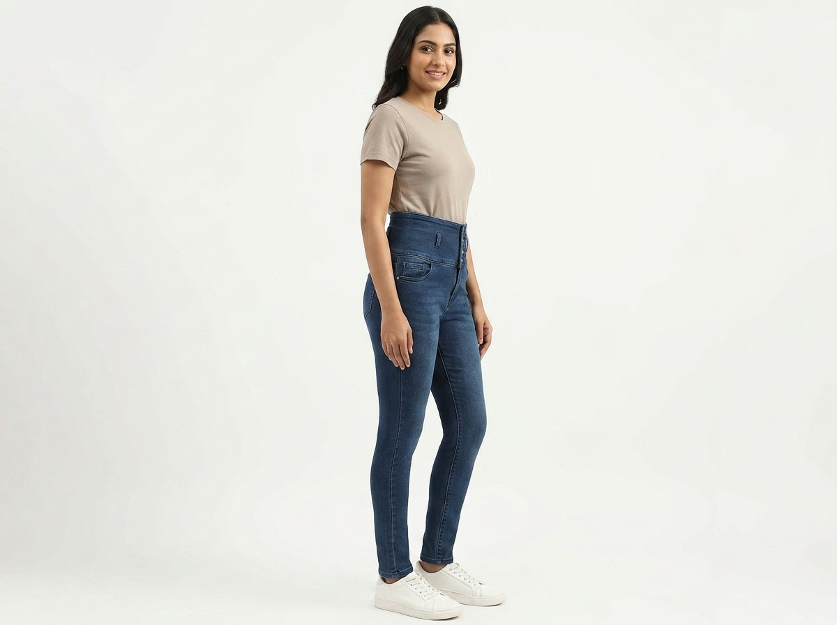 Women's Dark Blue High-Waist Slim Fit Jeans